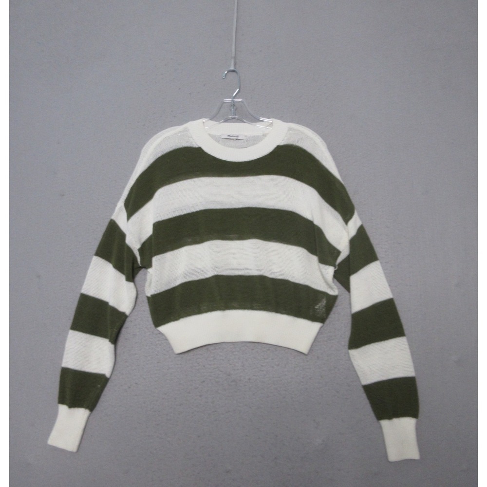 Madewell Sweater Small Green Stripe Loose Knit Crew Neck Lightweight Cropped